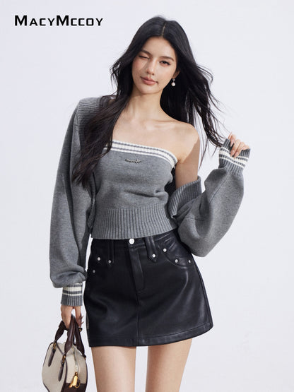 MacyMccoy MMC2026003 Color blocking shawl knitted two-piece set