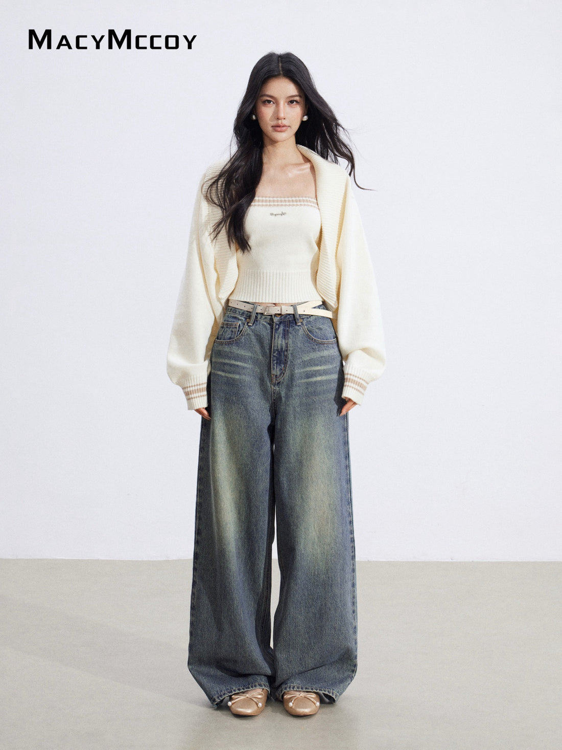 MacyMccoy MMC2026003 Color blocking shawl knitted two-piece set