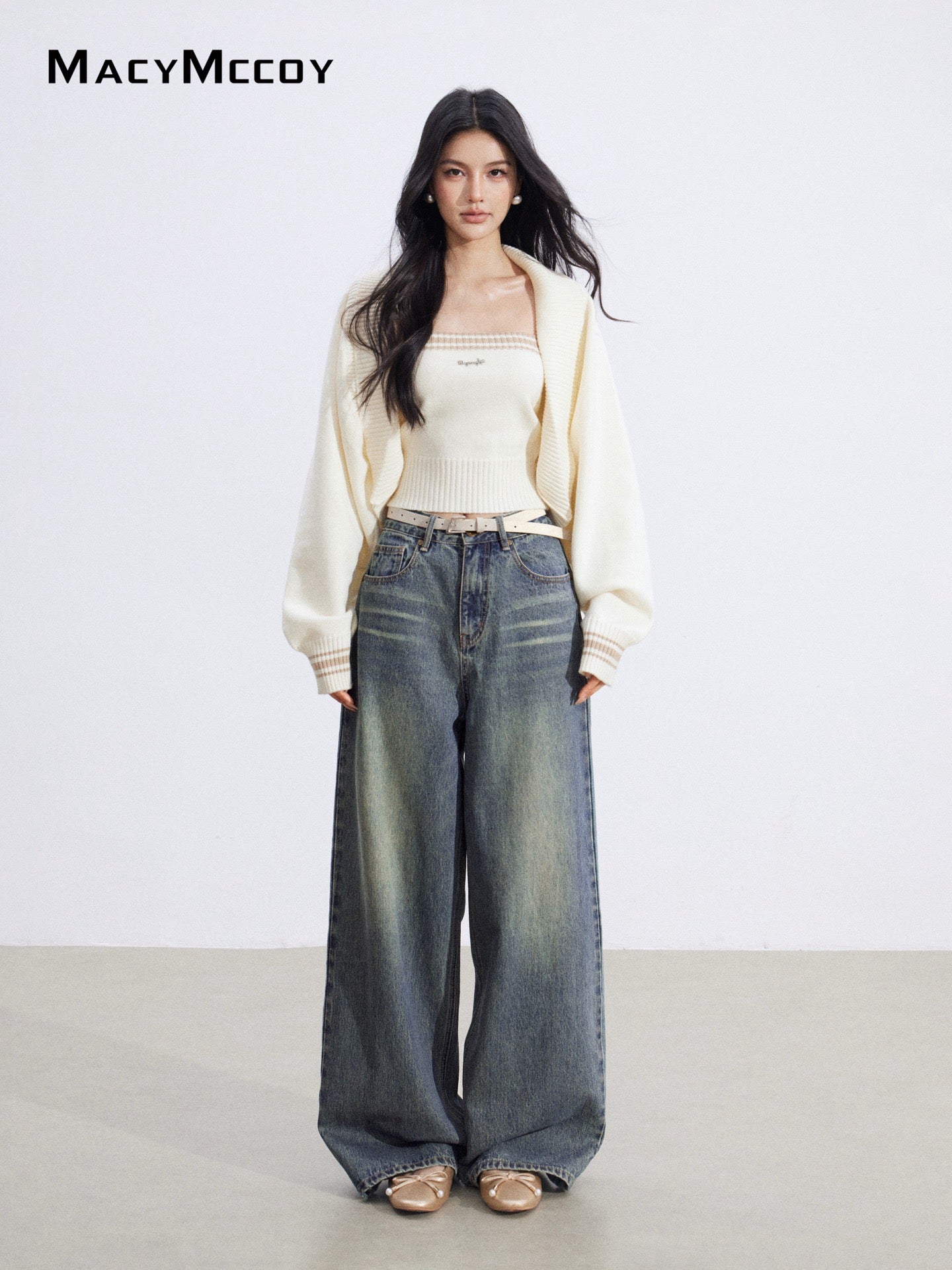 MacyMccoy MMC2026003 Color blocking shawl knitted two-piece set