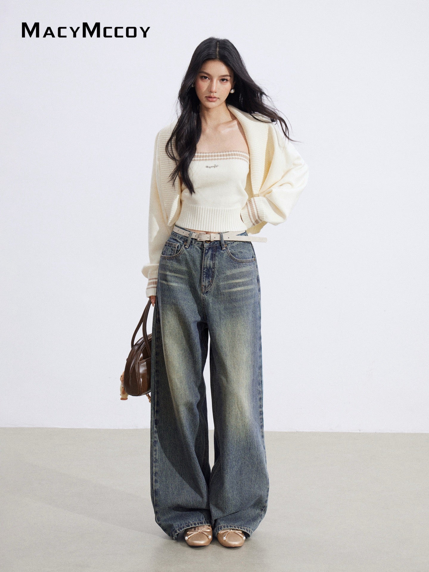 MacyMccoy MMC2026003 Color blocking shawl knitted two-piece set