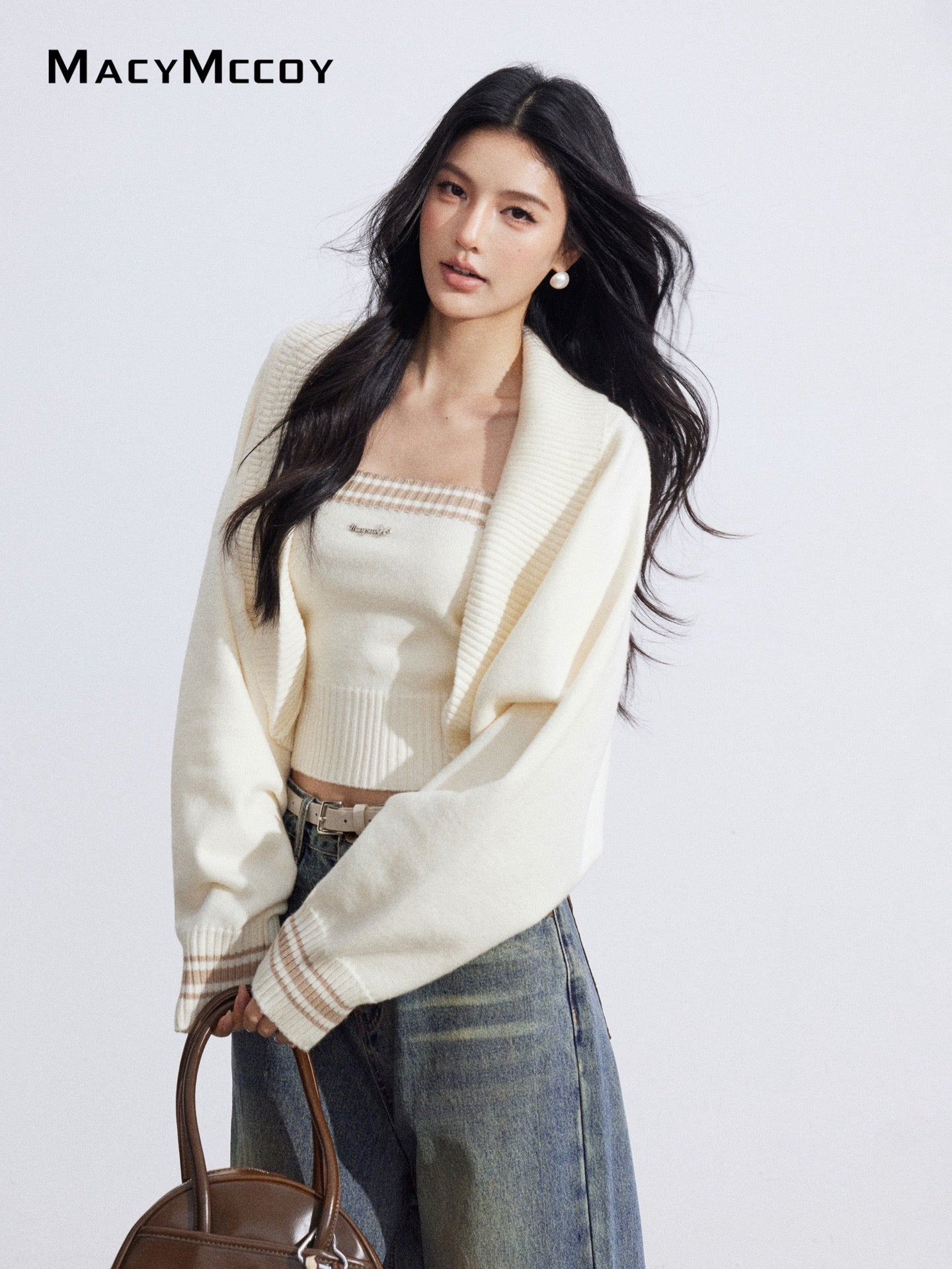 MacyMccoy MMC2026003 Color blocking shawl knitted two-piece set