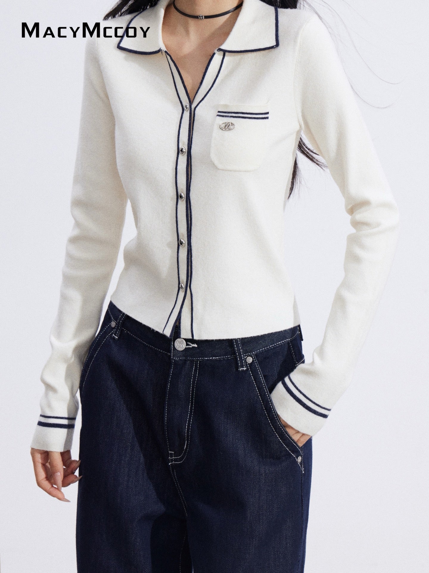 MacyMccoy MMC2026006 Polo collar contrasting knit top