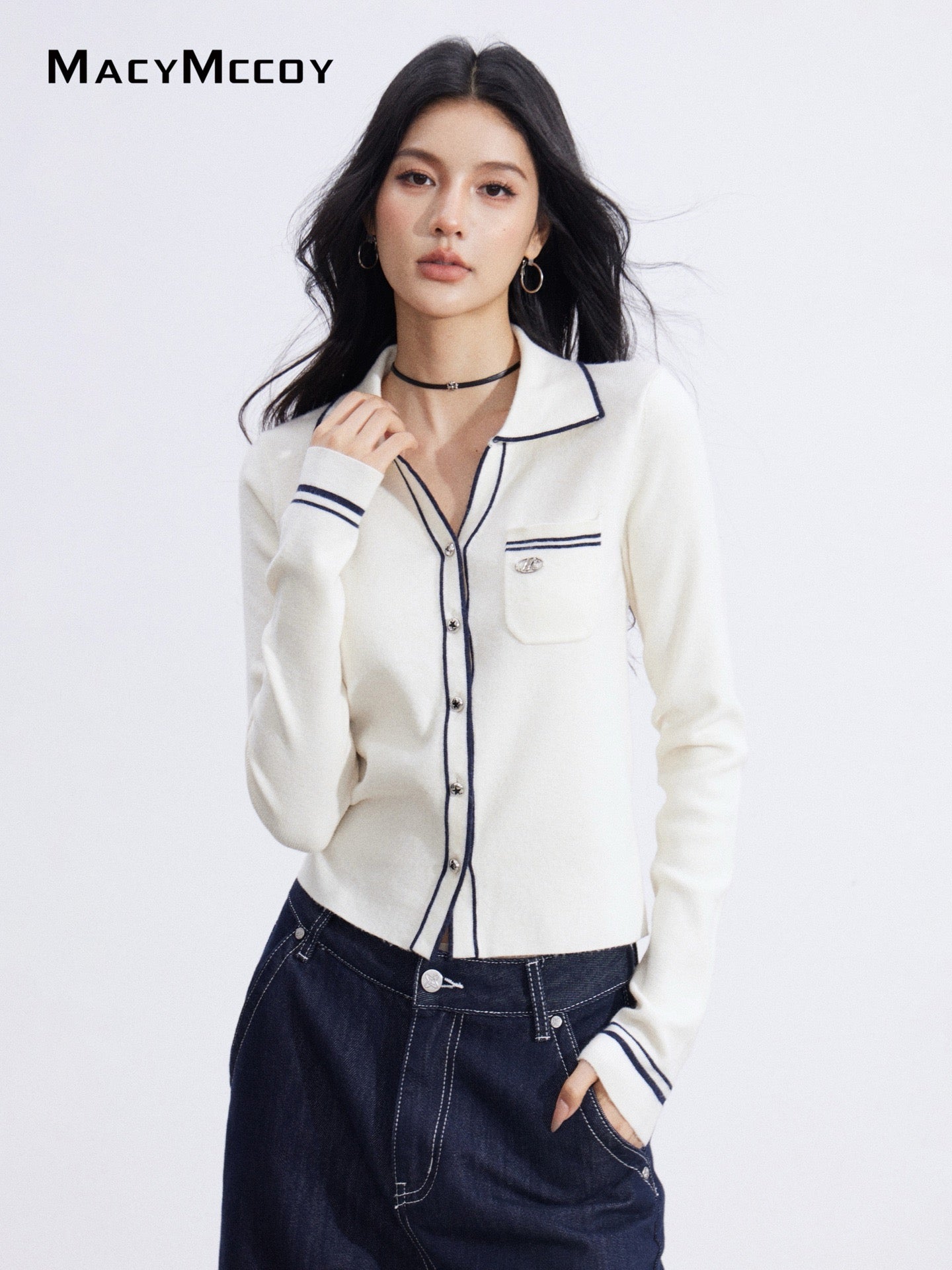 MacyMccoy MMC2026006 Polo collar contrasting knit top
