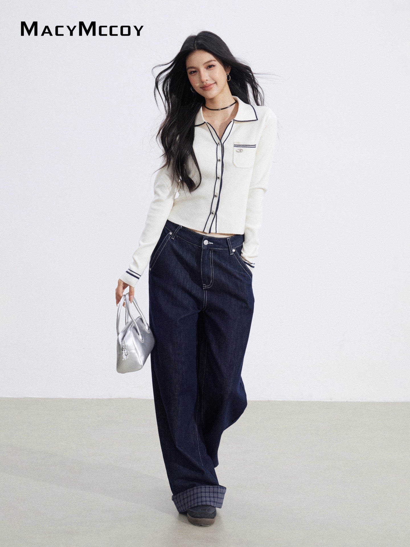 MacyMccoy MMC2026006 Polo collar contrasting knit top