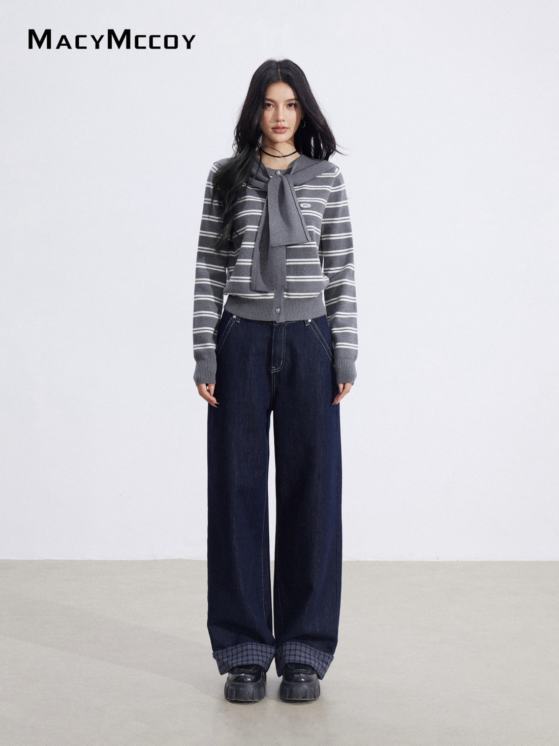 MacyMccoy MMC2026010 Striped shawl knitted two-piece set