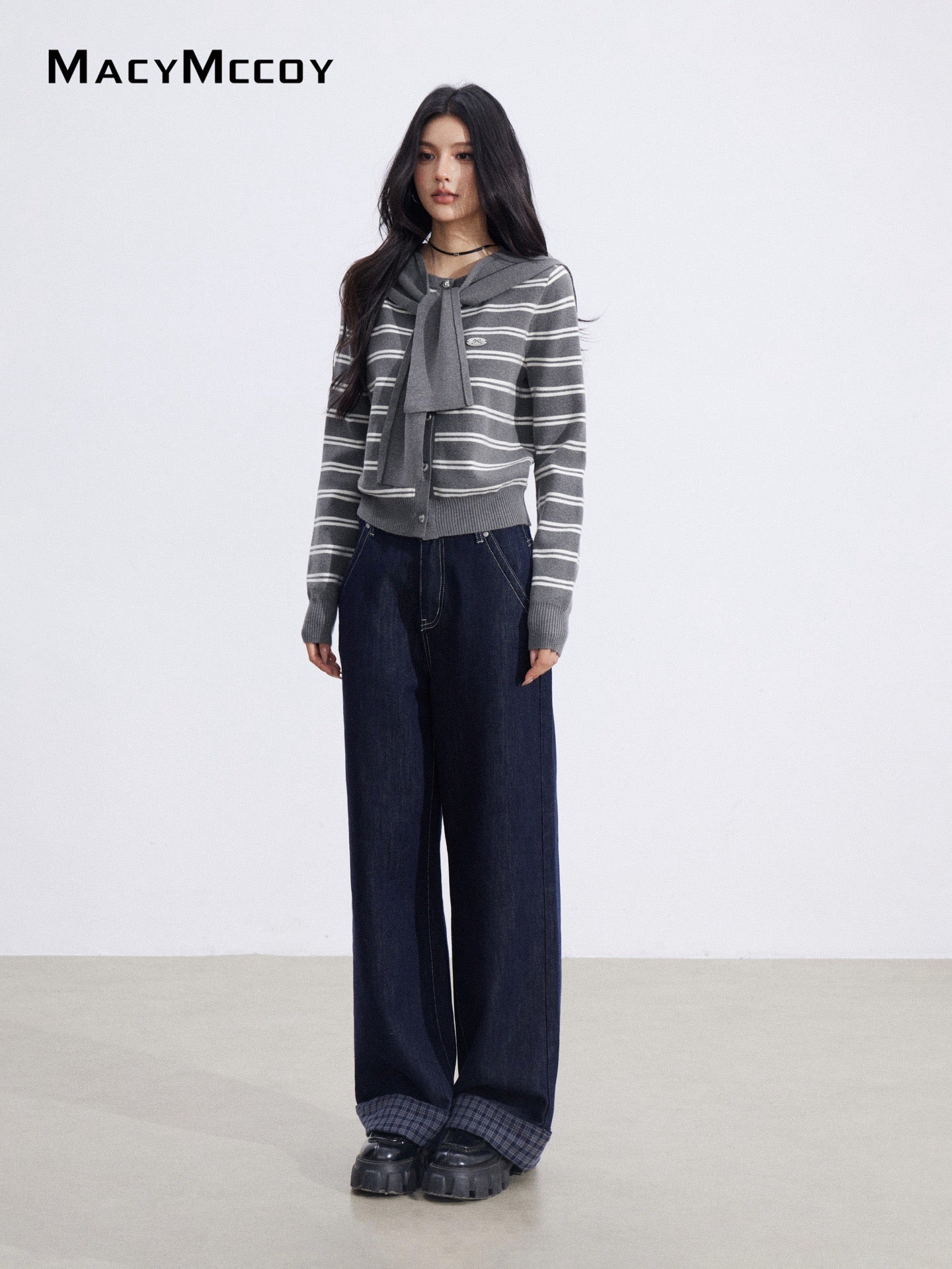 MacyMccoy MMC2026010 Striped shawl knitted two-piece set