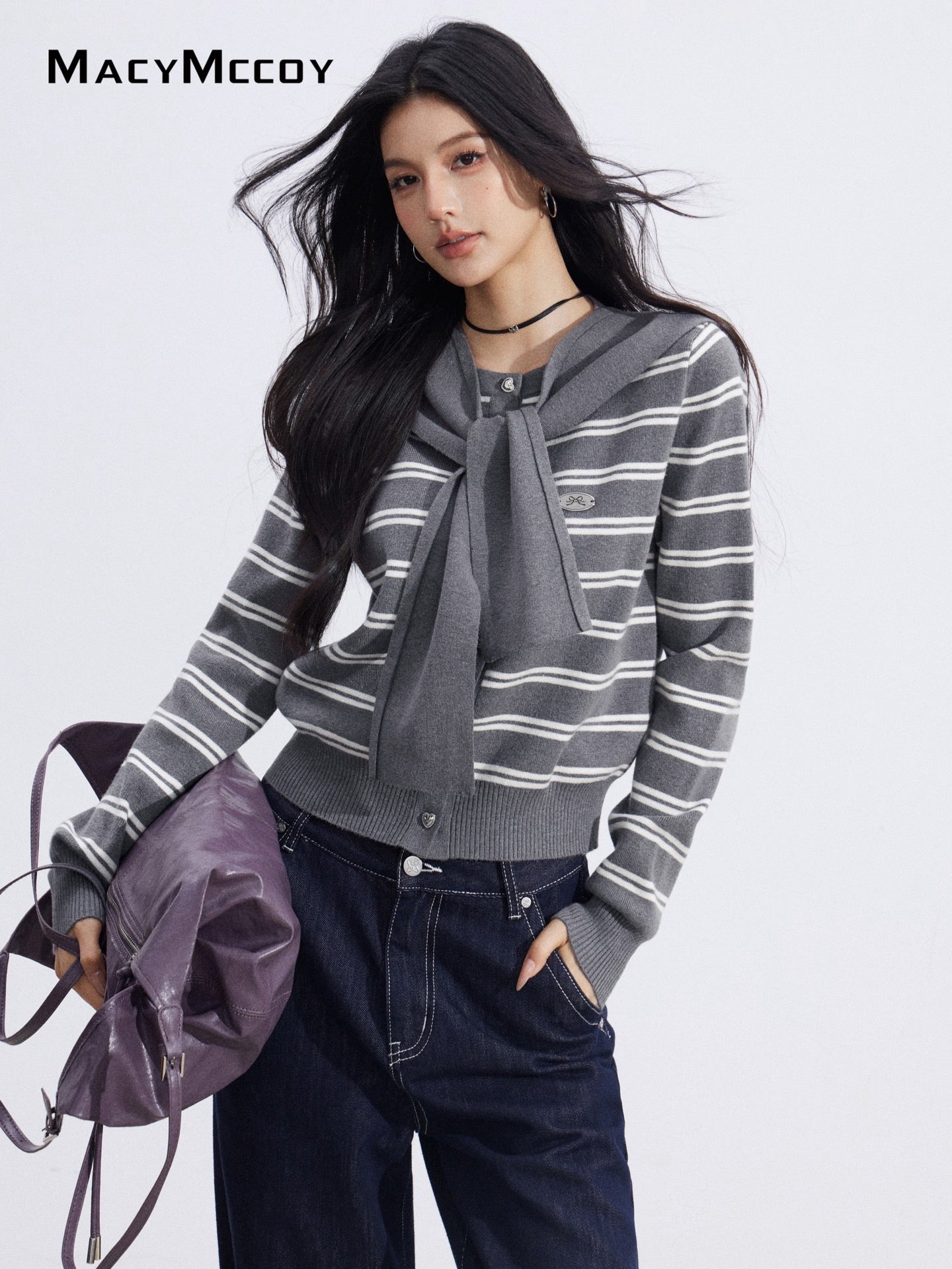 MacyMccoy MMC2026010 Striped shawl knitted two-piece set