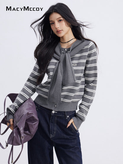 MacyMccoy MMC2026010 Striped shawl knitted two-piece set