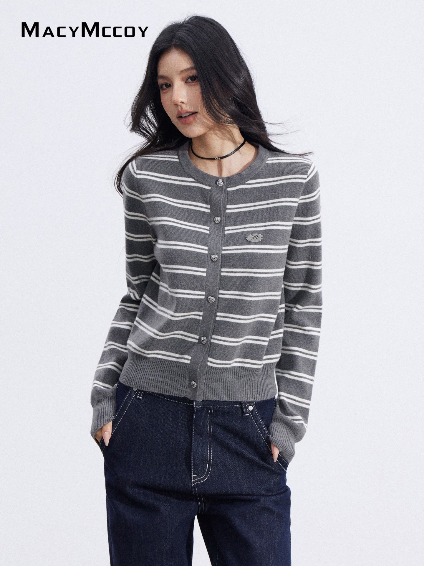 MacyMccoy MMC2026010 Striped shawl knitted two-piece set