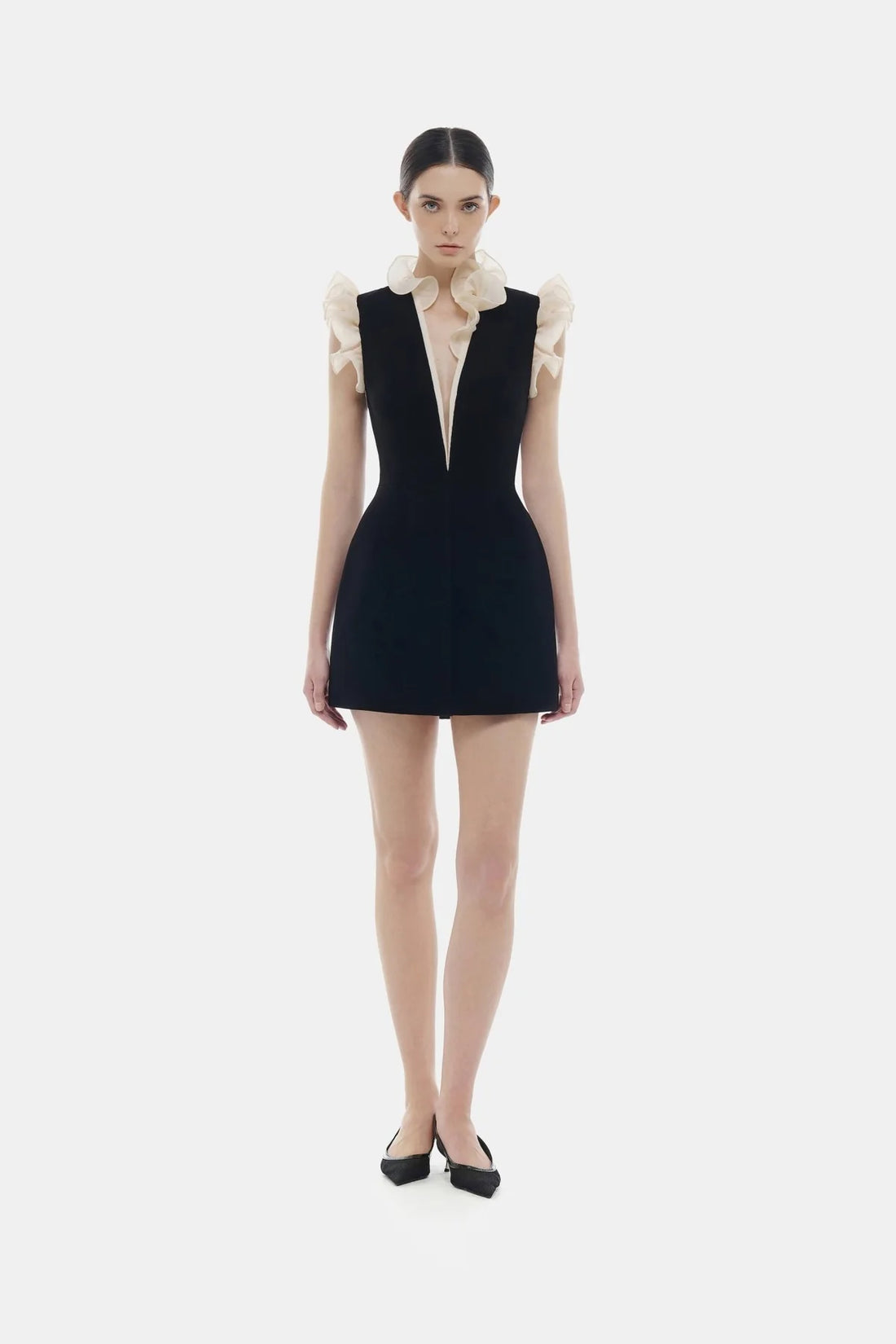 Montsand Black Ruffle Vneck Mini Dress