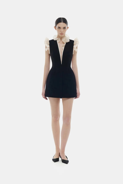 Montsand Black Ruffle Vneck Mini Dress