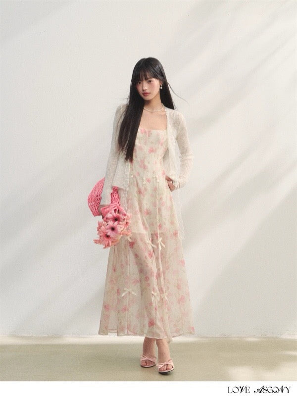 AsGony ASG25215 Printed suspender chiffon dress