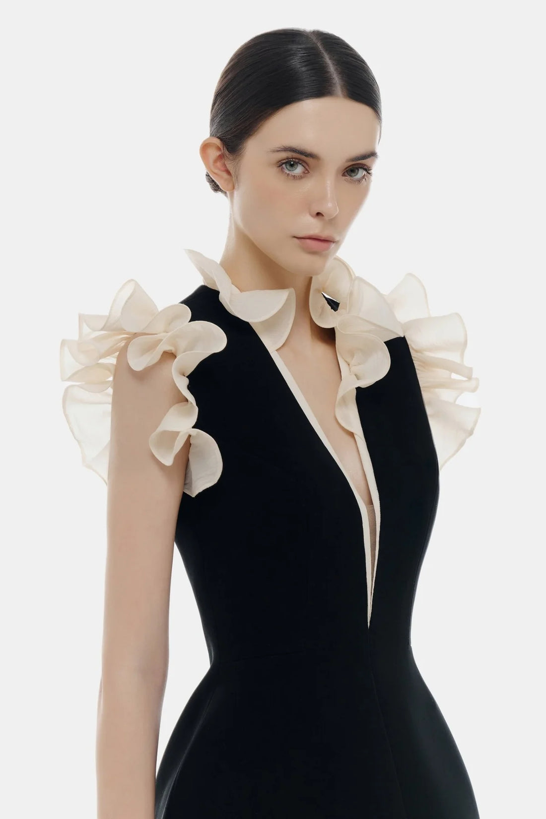 Montsand Black Ruffle Vneck Mini Dress