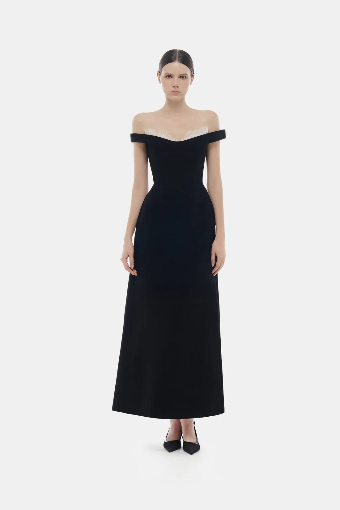 Montsand Black Off Shoulder Lace Detail Midi Dress