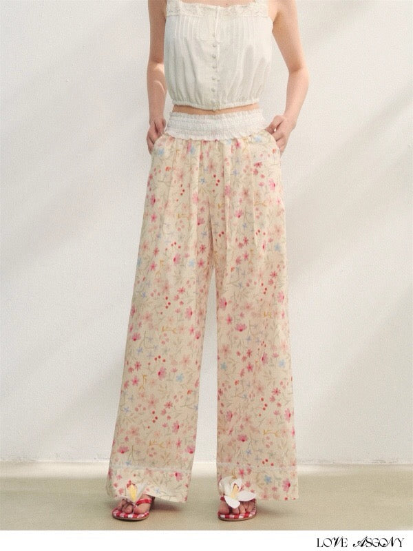 AsGony ASG25227 Floral lace patchwork strap loose pants