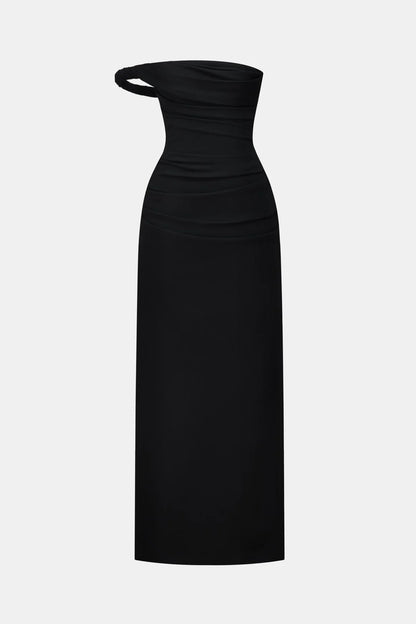 Montsand Black One-off Shoulder Draped Midi Dress