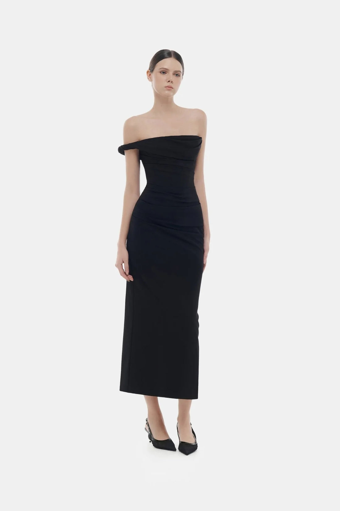 Montsand Black One-off Shoulder Draped Midi Dress
