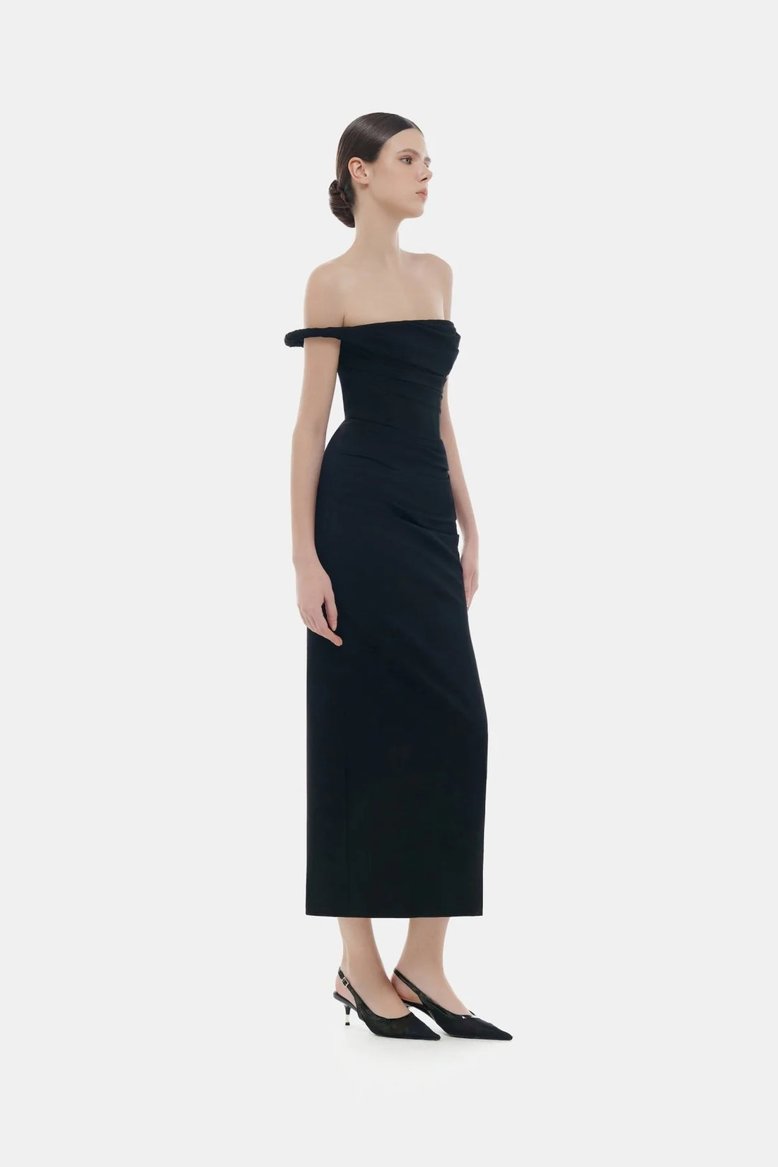 Montsand Black One-off Shoulder Draped Midi Dress