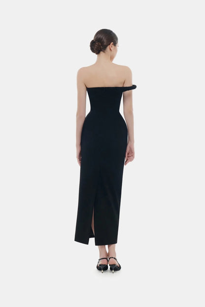 Montsand Black One-off Shoulder Draped Midi Dress