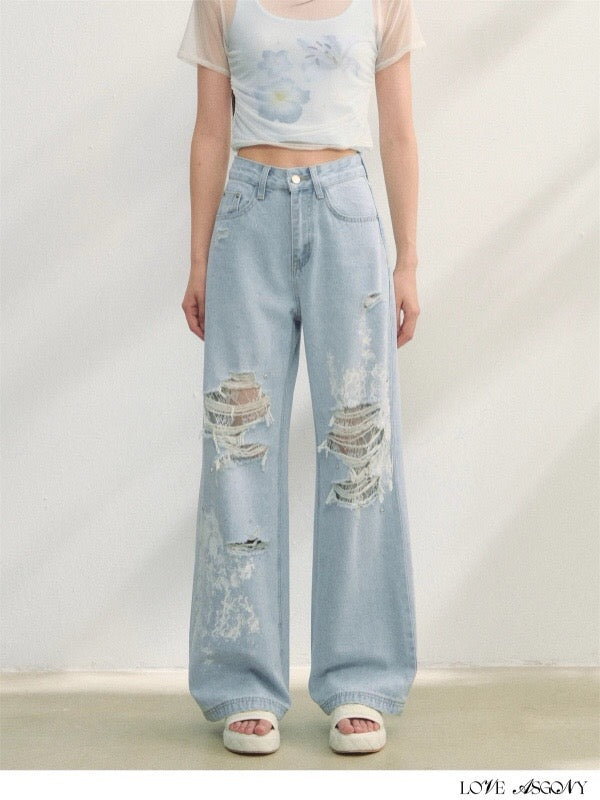 AsGony ASG25229 Lace patchwork printed jeans