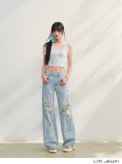 AsGony ASG25230 Flower print pleated T-shirt