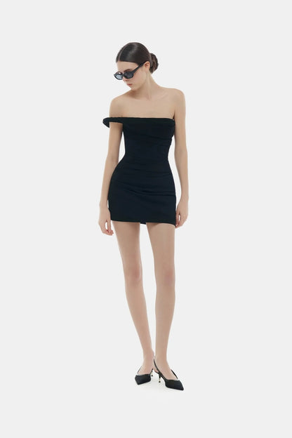 Montsand Black One-off Shoulder Draped Mini Dress