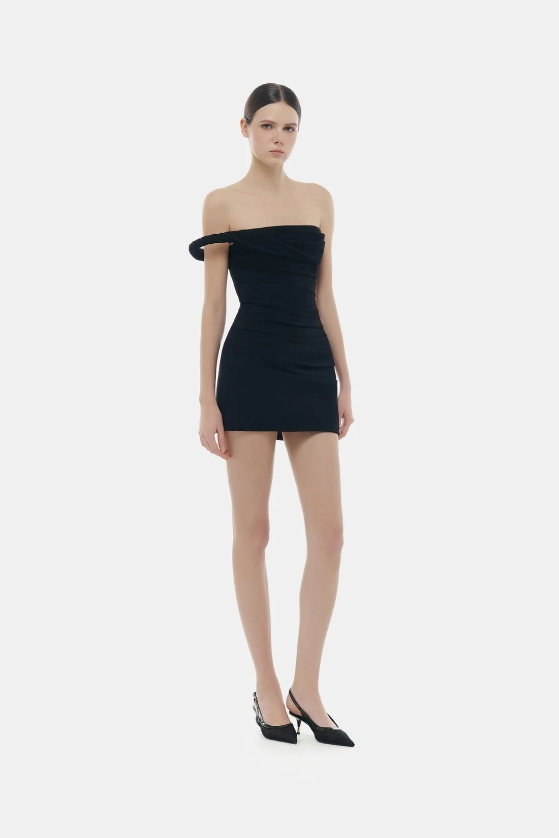 Montsand Black One-off Shoulder Draped Mini Dress