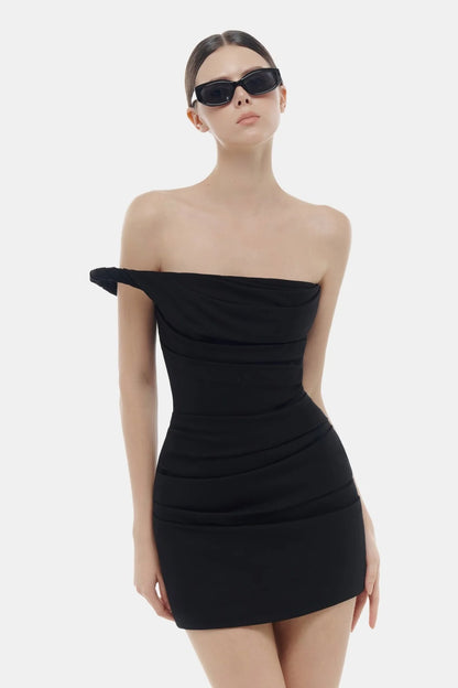 Montsand Black One-off Shoulder Draped Mini Dress