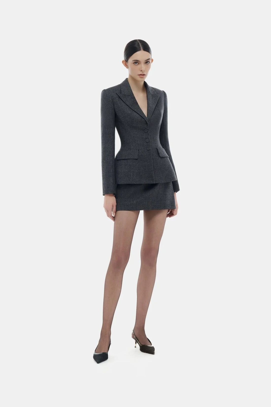 Montsand Grey Single Breast Blazer &amp; Grey Mini Skirt
