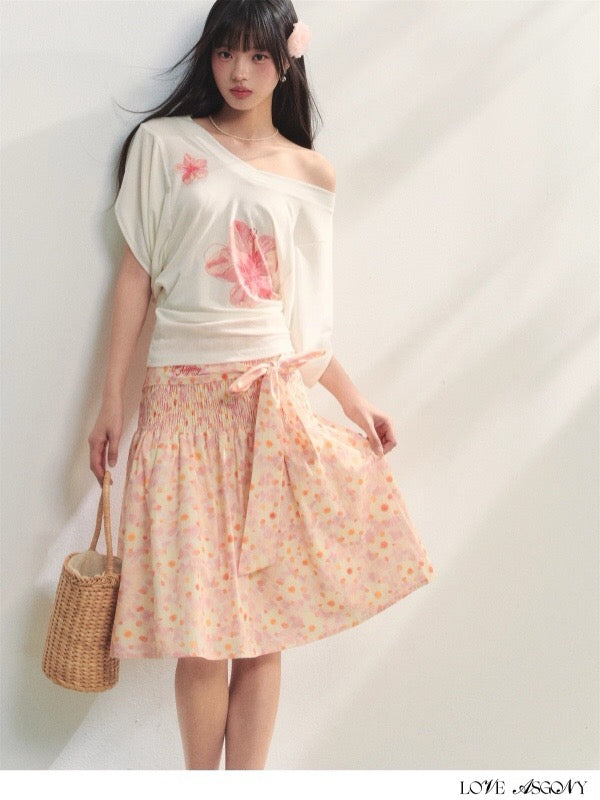 AsGony ASG25236 Flower V-neck waist cinched short sleeved T-shirt (2color)