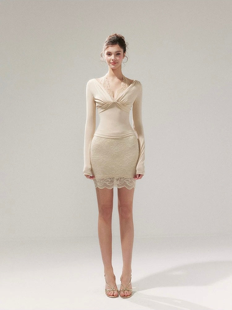 YZZI HE Lace Knitted Top + Skirt Set