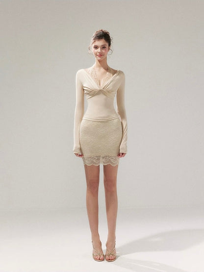 YZZI HE Lace Knitted Top + Skirt Set