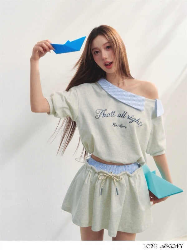 AsGony ASG25198&amp;ASG25199 One shoulder striped embroidered printed top + skirt set