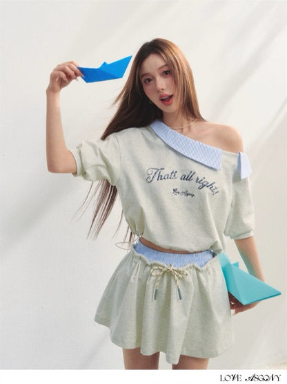 AsGony ASG25198&amp;ASG25199 One shoulder striped embroidered printed top + skirt set