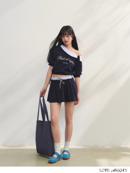 AsGony ASG25198&amp;ASG25199 One shoulder striped embroidered printed top + skirt set