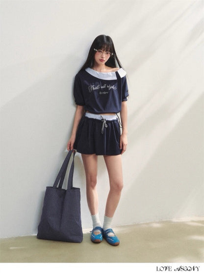AsGony ASG25198&amp;ASG25199 One shoulder striped embroidered printed top + skirt set