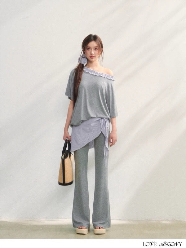 AsGony ASG25205&amp;ASG25206 One shoulder plaid lace embroidered T-shirt + pantss set