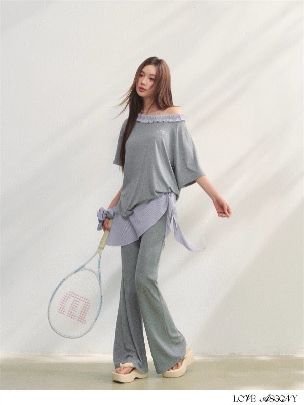 AsGony ASG25205&amp;ASG25206 One shoulder plaid lace embroidered T-shirt + pantss set