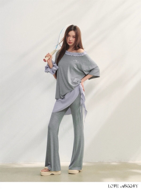 AsGony ASG25205&amp;ASG25206 One shoulder plaid lace embroidered T-shirt + pantss set