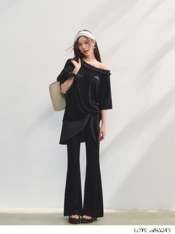 AsGony ASG25205&amp;ASG25206 One shoulder plaid lace embroidered T-shirt + pantss set