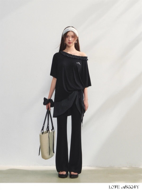AsGony ASG25205&amp;ASG25206 One shoulder plaid lace embroidered T-shirt + pantss set