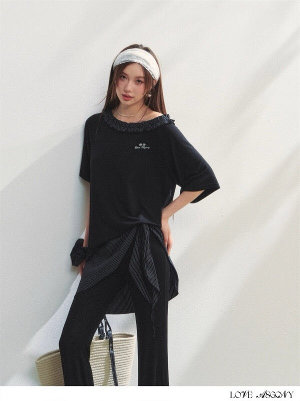 AsGony ASG25205&amp;ASG25206 One shoulder plaid lace embroidered T-shirt + pantss set
