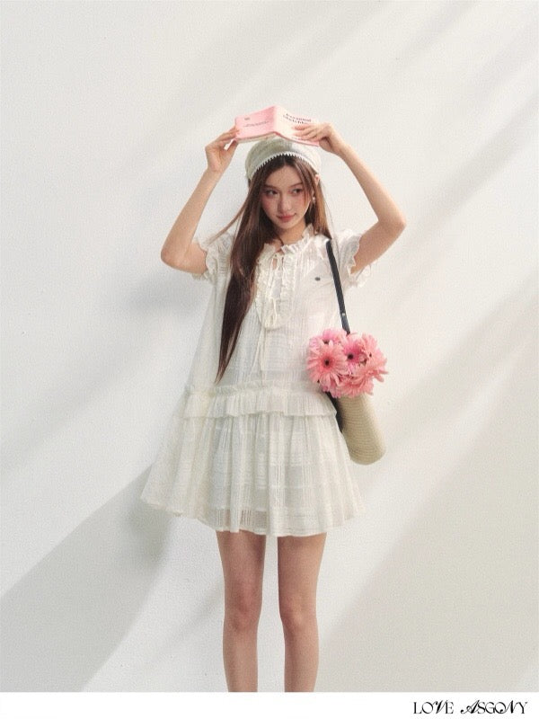 AsGony ASG25212 Plaid ruffle edge puffy sleeve dress