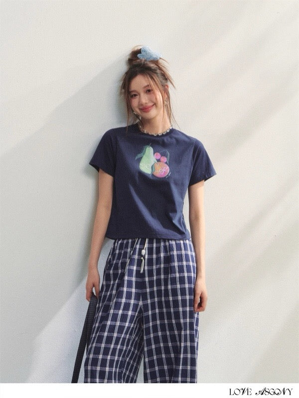 AsGony ASG25222 Fruit printed pearl decorative T-shirt