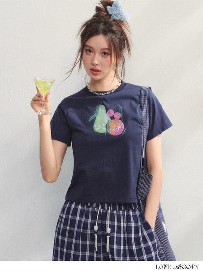 AsGony ASG25222 Fruit printed pearl decorative T-shirt