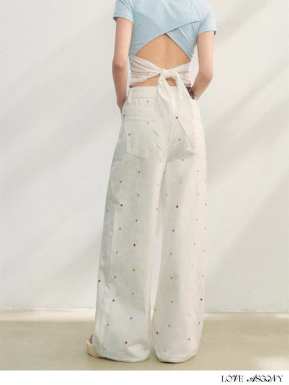 AsGony ASG25223 Embroidered wide leg jeans (2color)