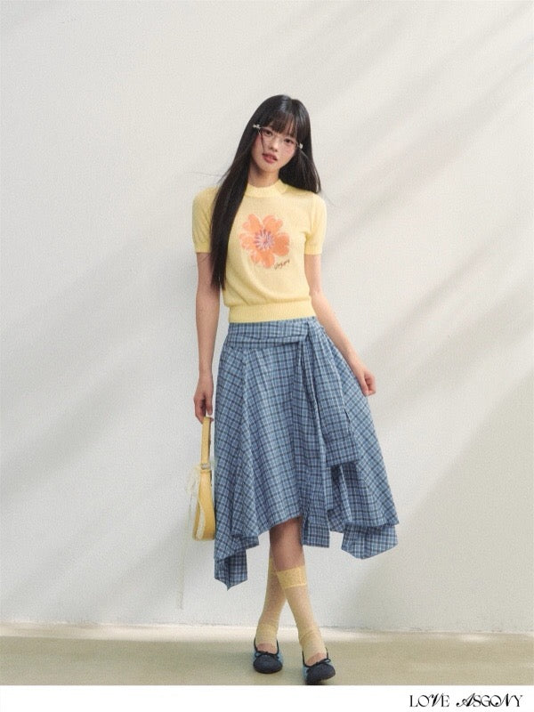 AsGony ASG25242 Blue checkered irregular skirt