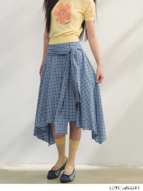 AsGony ASG25242 Blue checkered irregular skirt