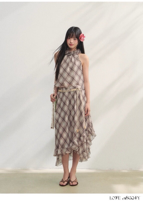 AsGony ASG25184&amp;ASG25185 Plaid pleated lace chiffon vest + skirt
