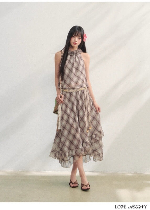 AsGony ASG25184&amp;ASG25185 Plaid pleated lace chiffon vest + skirt